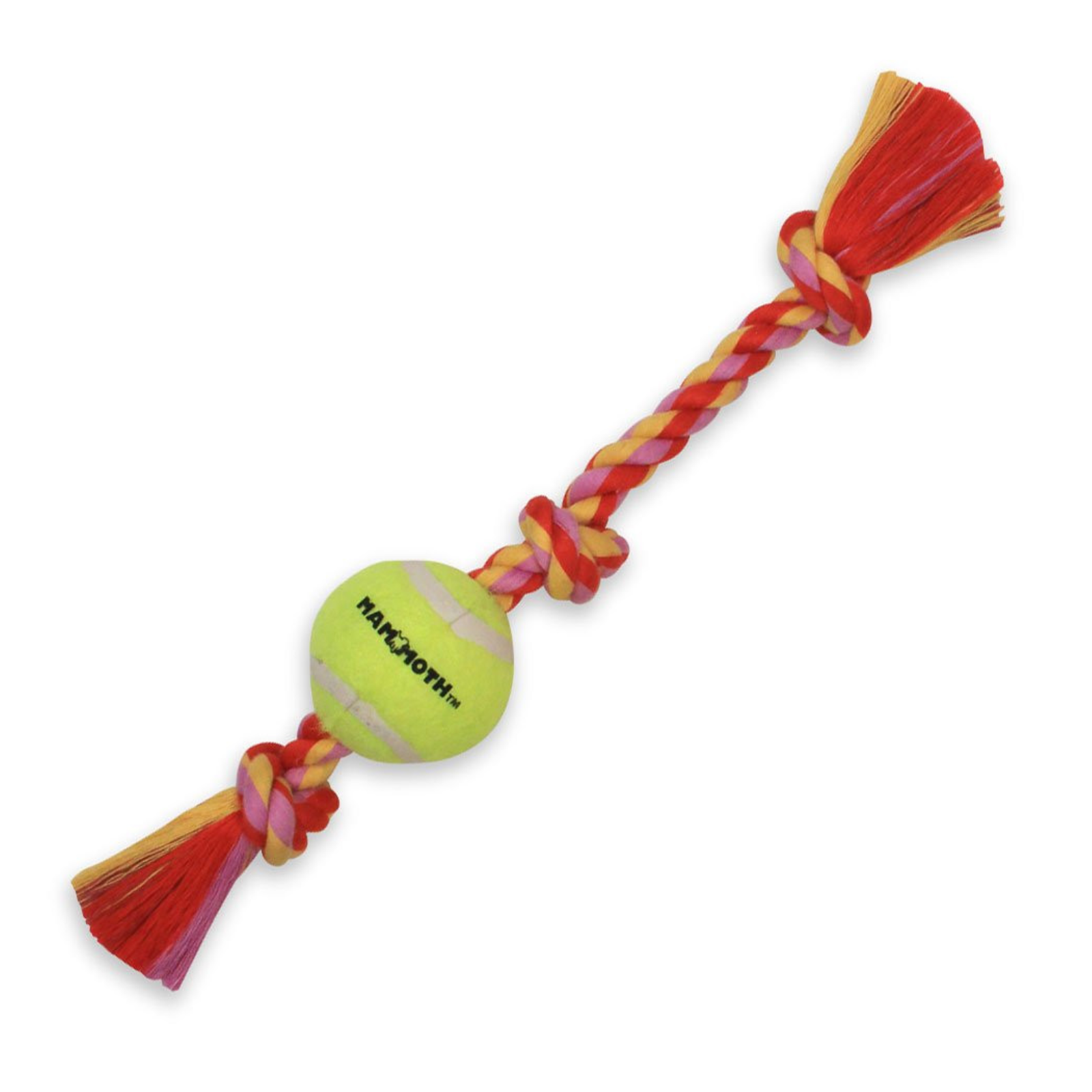 A Mammoth dog toy featuring a yellow tennis ball with black branding, attached to a braided red, orange, and yellow rope with tassel ends, shown on a plain white background.
