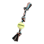 A dog toy made of a tennis ball attached to a braided rope tug. The tennis ball is yellow with the brand name 'Mammoth' printed in black.