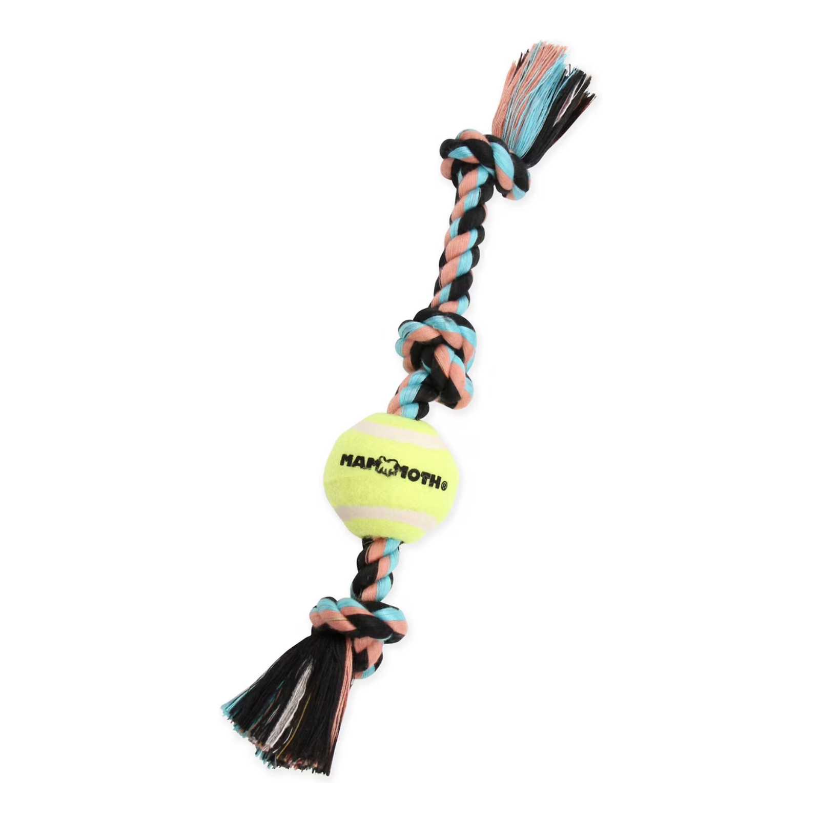A dog toy made of a tennis ball attached to a braided rope tug. The tennis ball is yellow with the brand name 'Mammoth' printed in black.