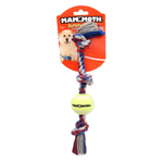 Mammoth Flossy dog toy with a tennis ball and braided rope, attached to a red Mammoth branded cardboard hanger, on a white background.
