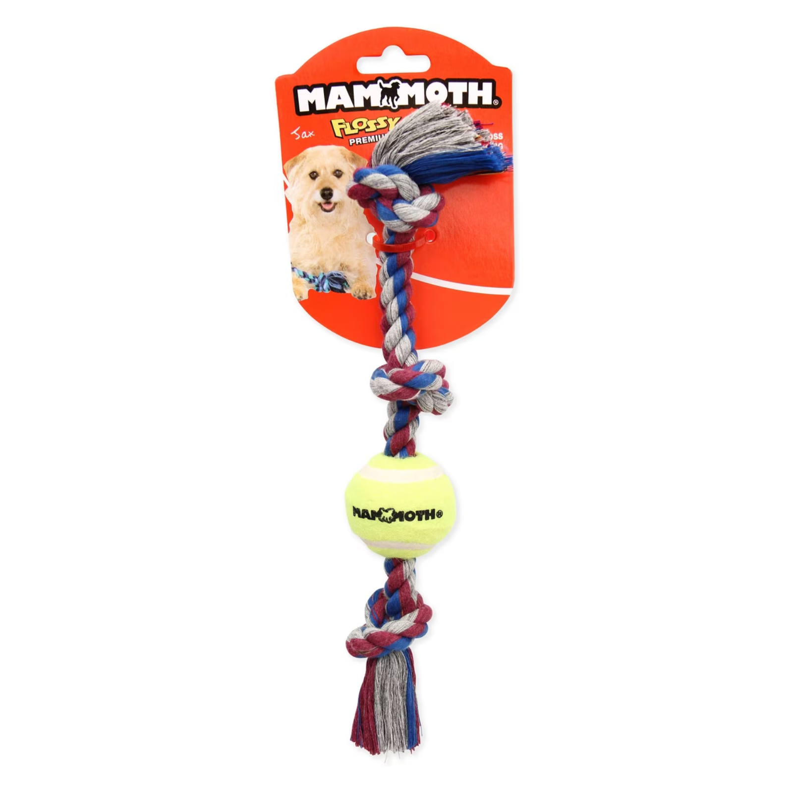 Mammoth Flossy dog toy with a tennis ball and braided rope, attached to a red Mammoth branded cardboard hanger, on a white background.