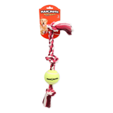 Mammoth Flossy dog toy with a tennis ball and braided rope, attached to a red Mammoth branded cardboard hanger, on a white background.