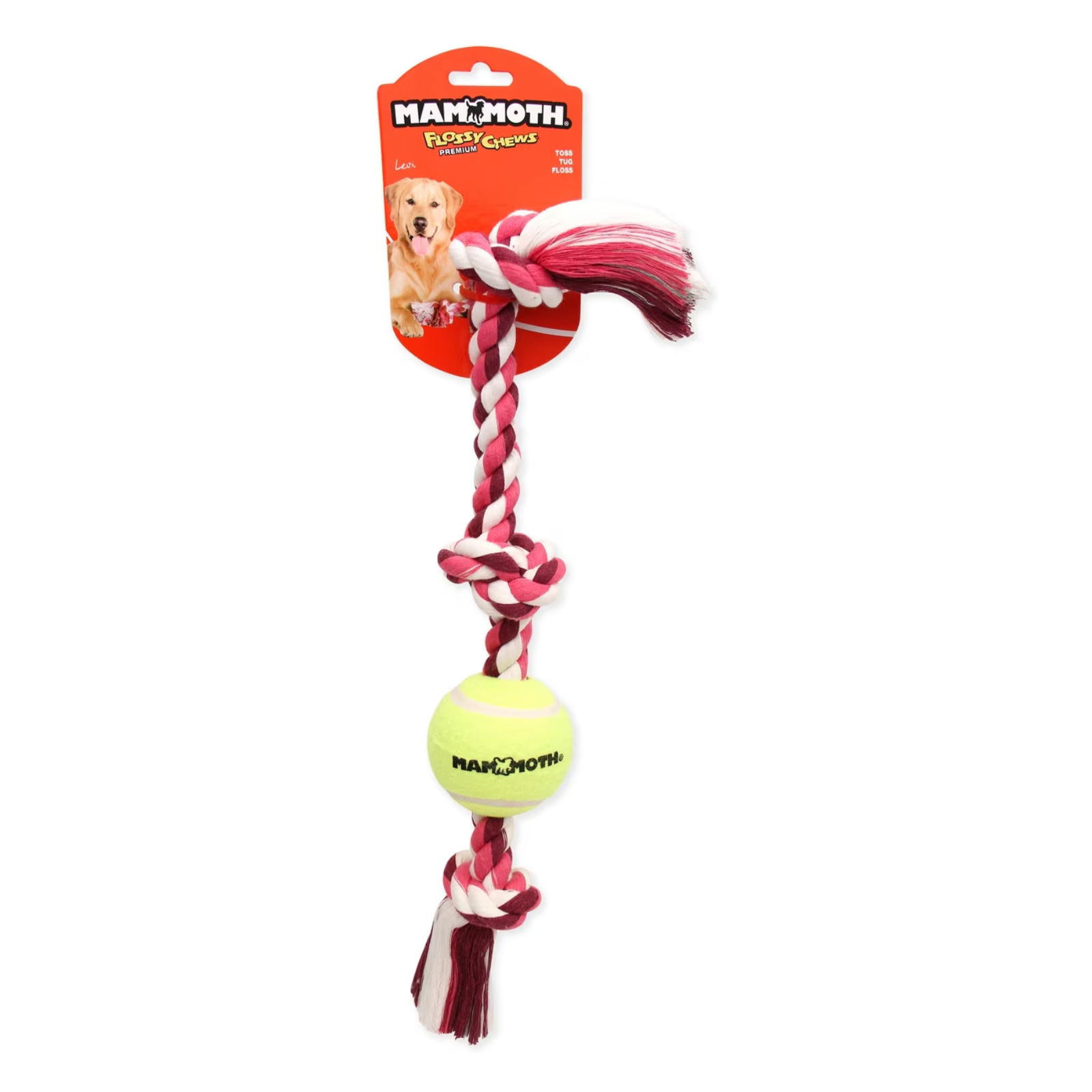 Mammoth Flossy dog toy with a tennis ball and braided rope, attached to a red Mammoth branded cardboard hanger, on a white background.