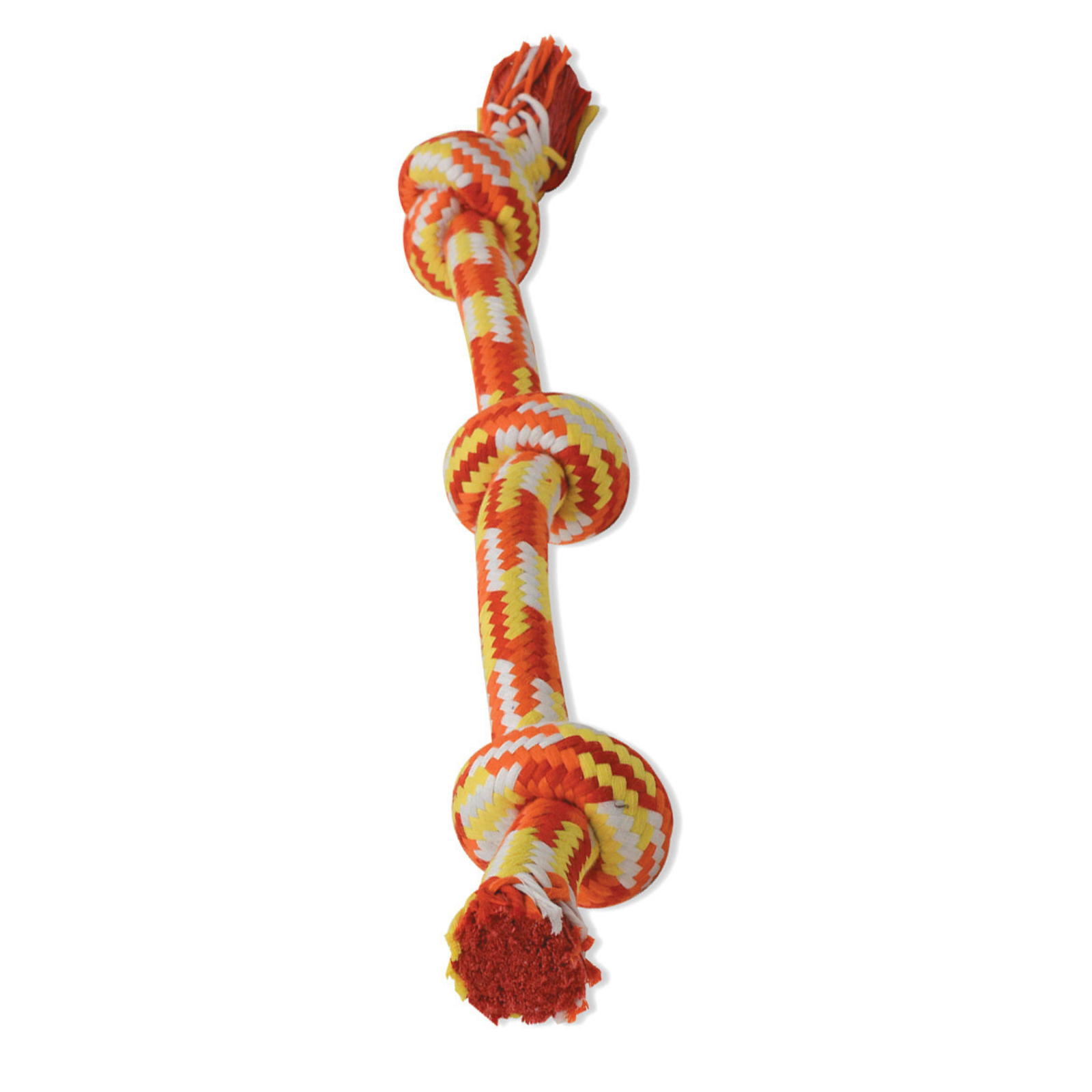 A knotted rope dog toy with a zigzag pattern in orange, yellow, and white, isolated on a white background.