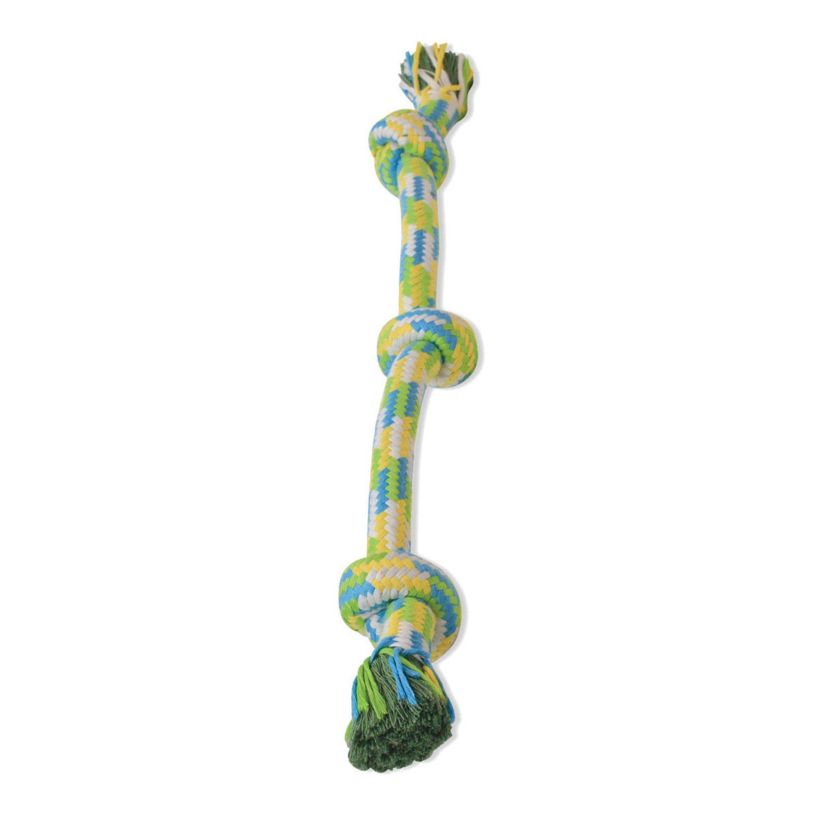 A knotted rope dog toy with a green, yellow, and blue pattern, isolated on a white background.
