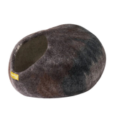 A black and gray felt pet bed with a small yellow 'Karma Cat' brand tag, shown on a plain white background.