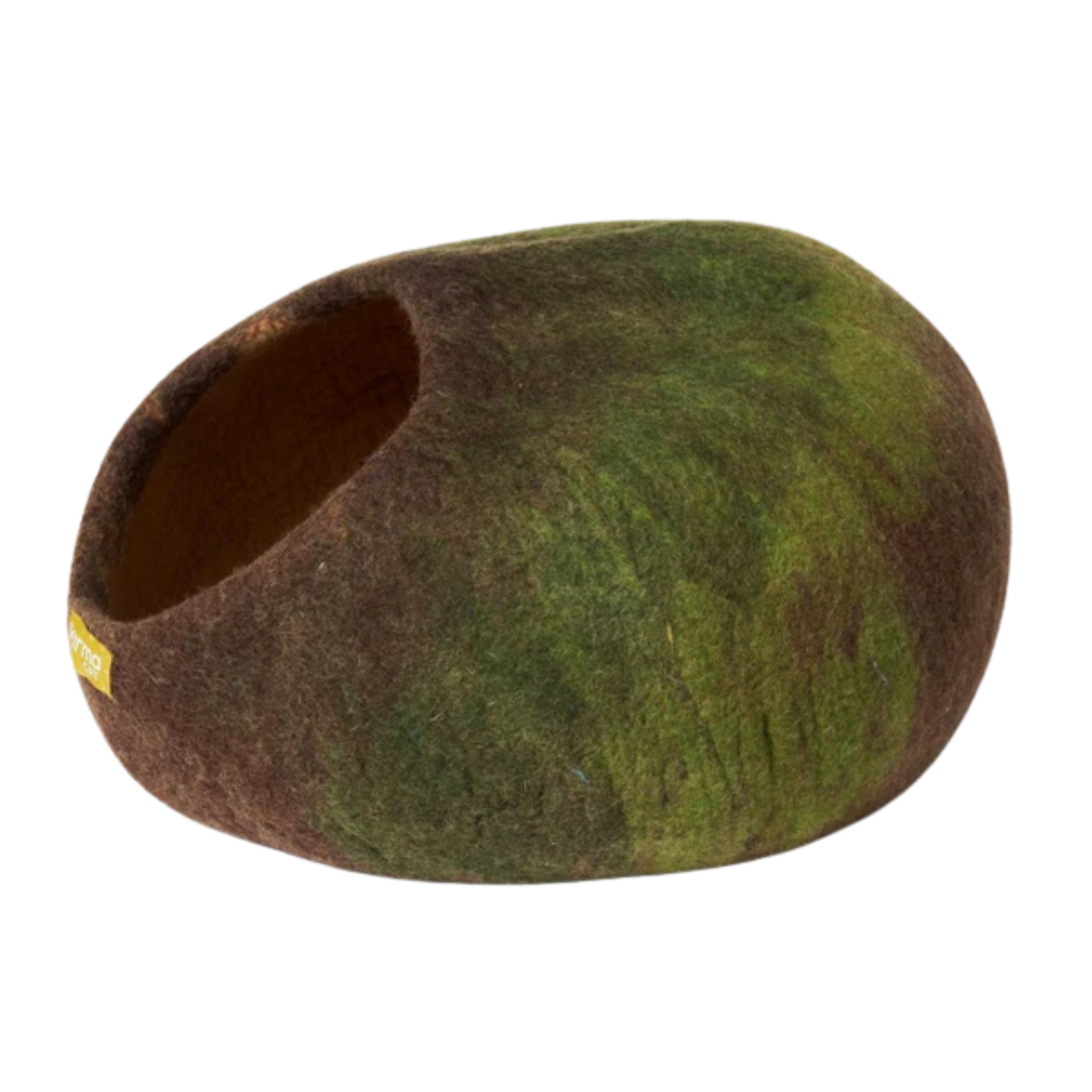 A felt pet house with a rounded, cave-like shape and an opening on one side, shown on a plain white background. The exterior has a mottled pattern of dark brown and olive green, and a small yellow tag is attached near the opening.