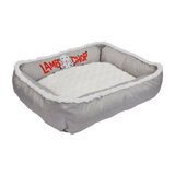 A square gray pet bed with a white sherpa fleece lining and a red 'LAMB CHOP' logo printed on the inner side, shown on a plain white background.