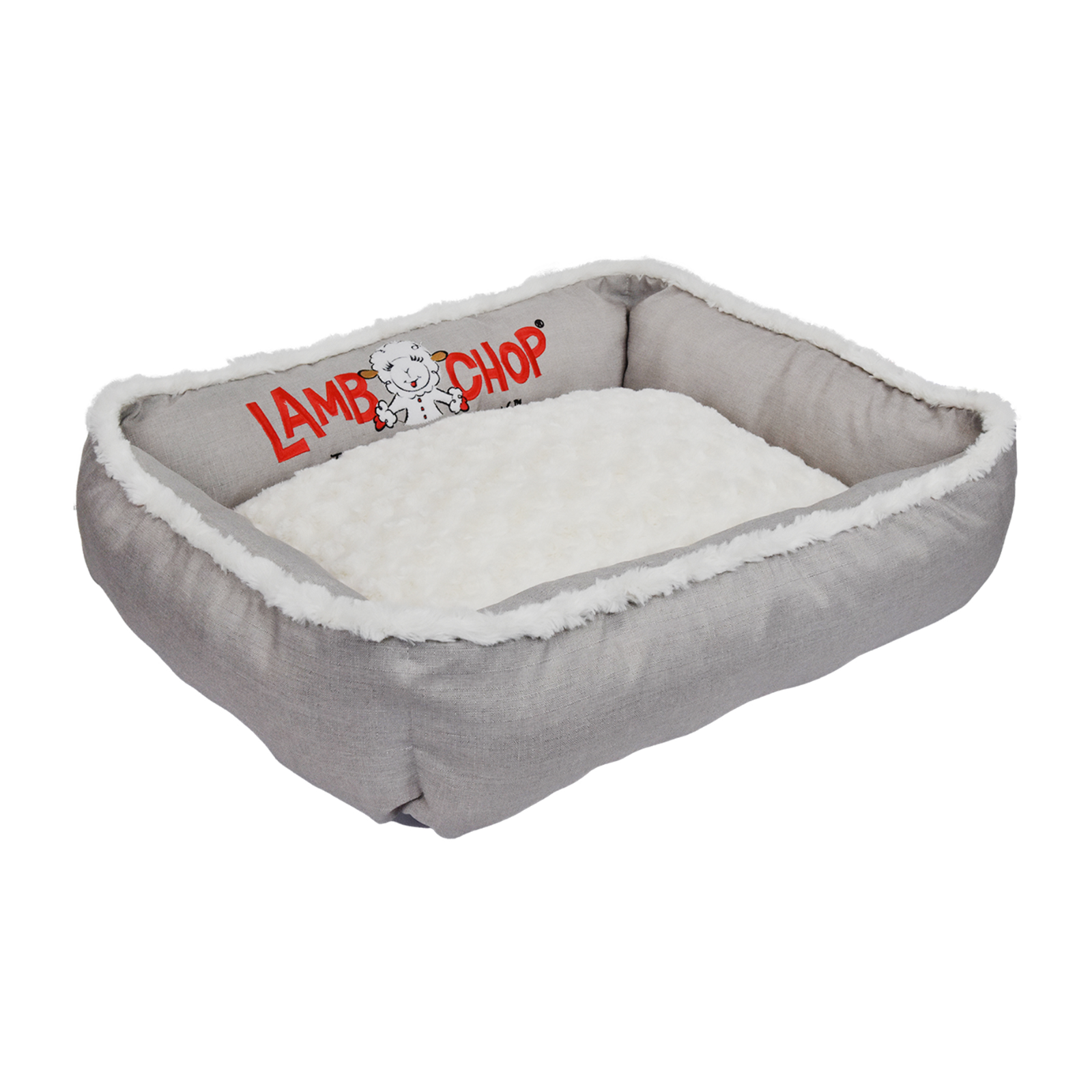 A square gray pet bed with a white sherpa fleece lining and a red 'LAMB CHOP' logo printed on the inner side, shown on a plain white background.
