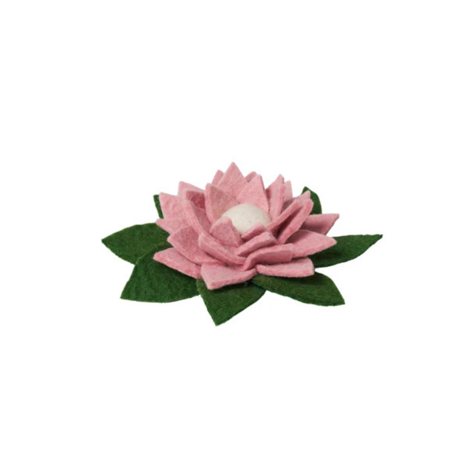 A pink felt lotus flower toy with green felt leaves and a white felt center, shown on a plain white background.