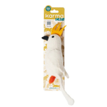Catnip toy shaped like a bird with packaging labeled 'karma CAT' on a white background