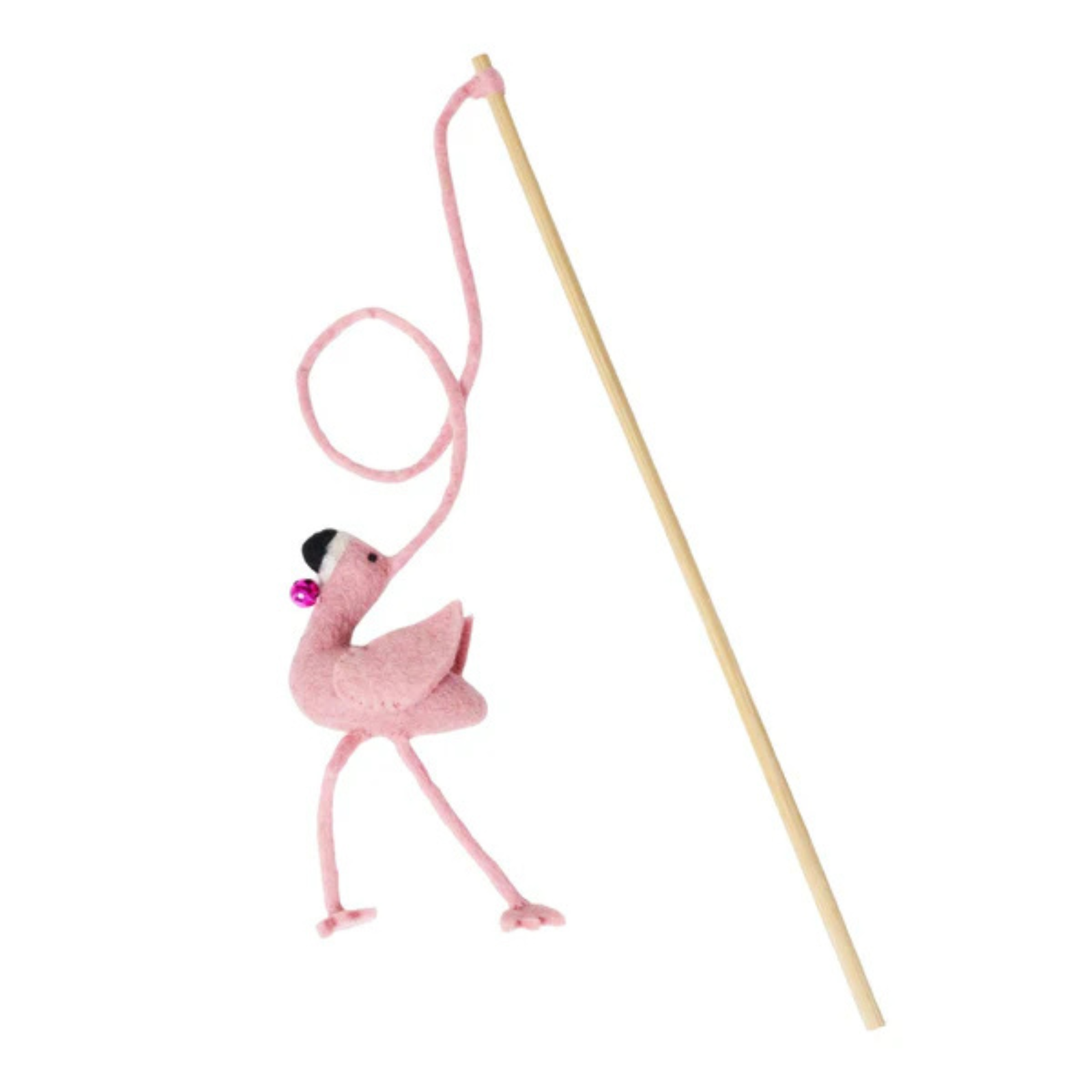 Pink flamingo toy on a stick with a white background