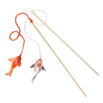 A cat toy consisting of two wooden sticks with dangling fishing-line tails, one orange fish-shaped lure and one white-and-gray fish-shaped lure, on a plain white background.