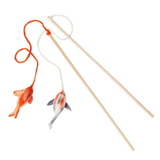 A cat toy consisting of two wooden sticks with dangling fishing-line tails, one orange fish-shaped lure and one white-and-gray fish-shaped lure, on a plain white background.
