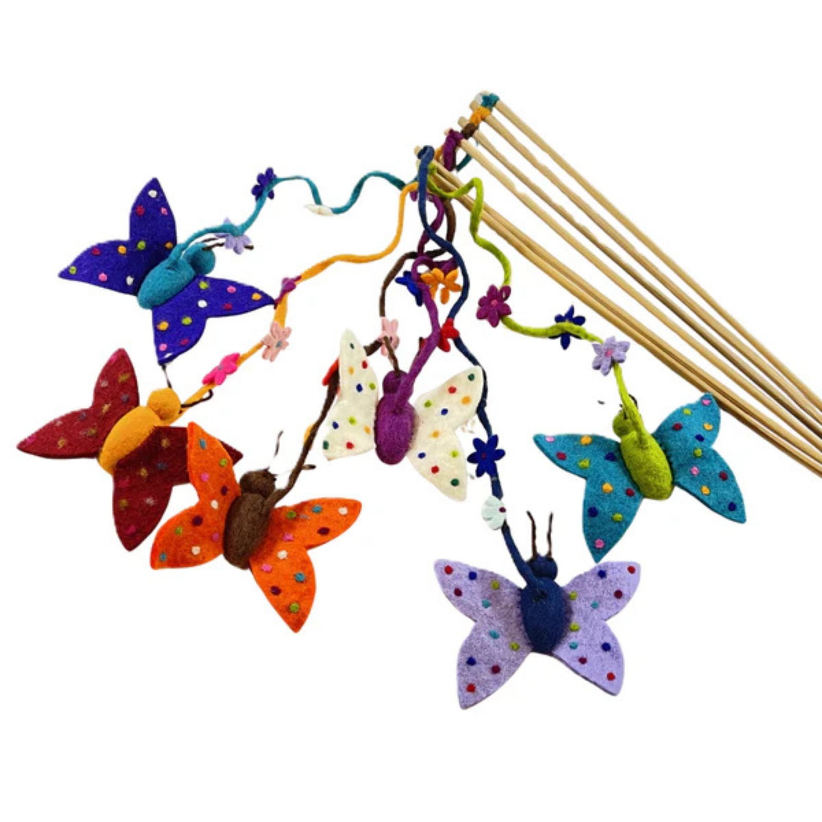 Colorful butterfly-shaped cat toys with wooden sticks on a white background