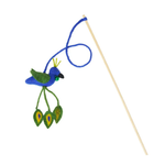 Felt peacock cat toy on a stick with blue, green, and yellow colors against a white background.