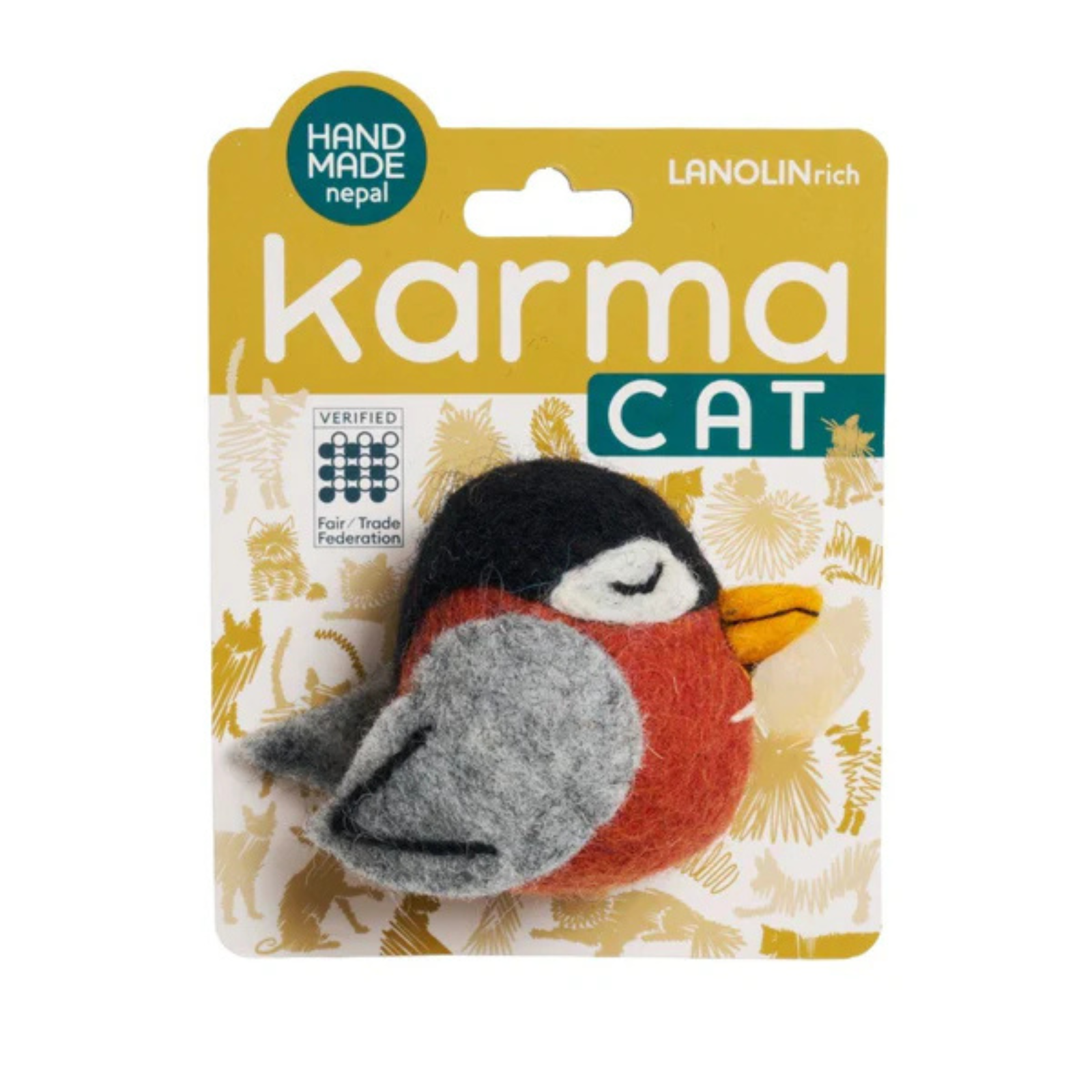 Karma Cat toy packaging with a bird-shaped toy on a white background
