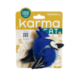 Karma Cat toy packaging with a blue bird-shaped catnip toy on a white background