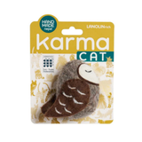 A felt owl-shaped cat toy in brown and gray with white accents, packaged on a yellow and white backing card labeled 'karma CAT' and 'HAND MADE nepal'.
