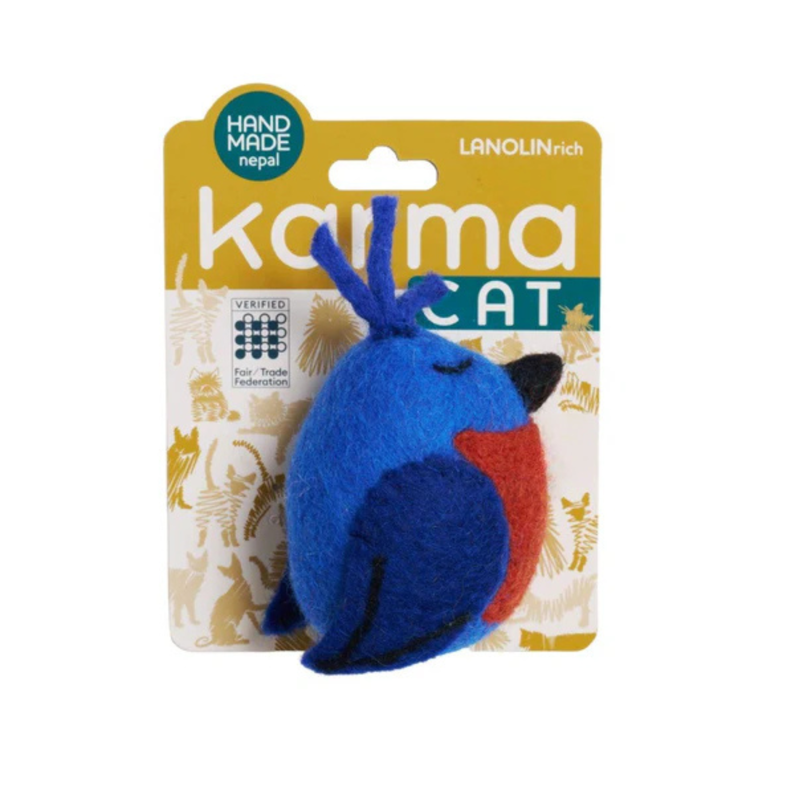 A blue and red bird-shaped felt cat toy attached to a yellow and white branded retail card, photographed on a plain white background.