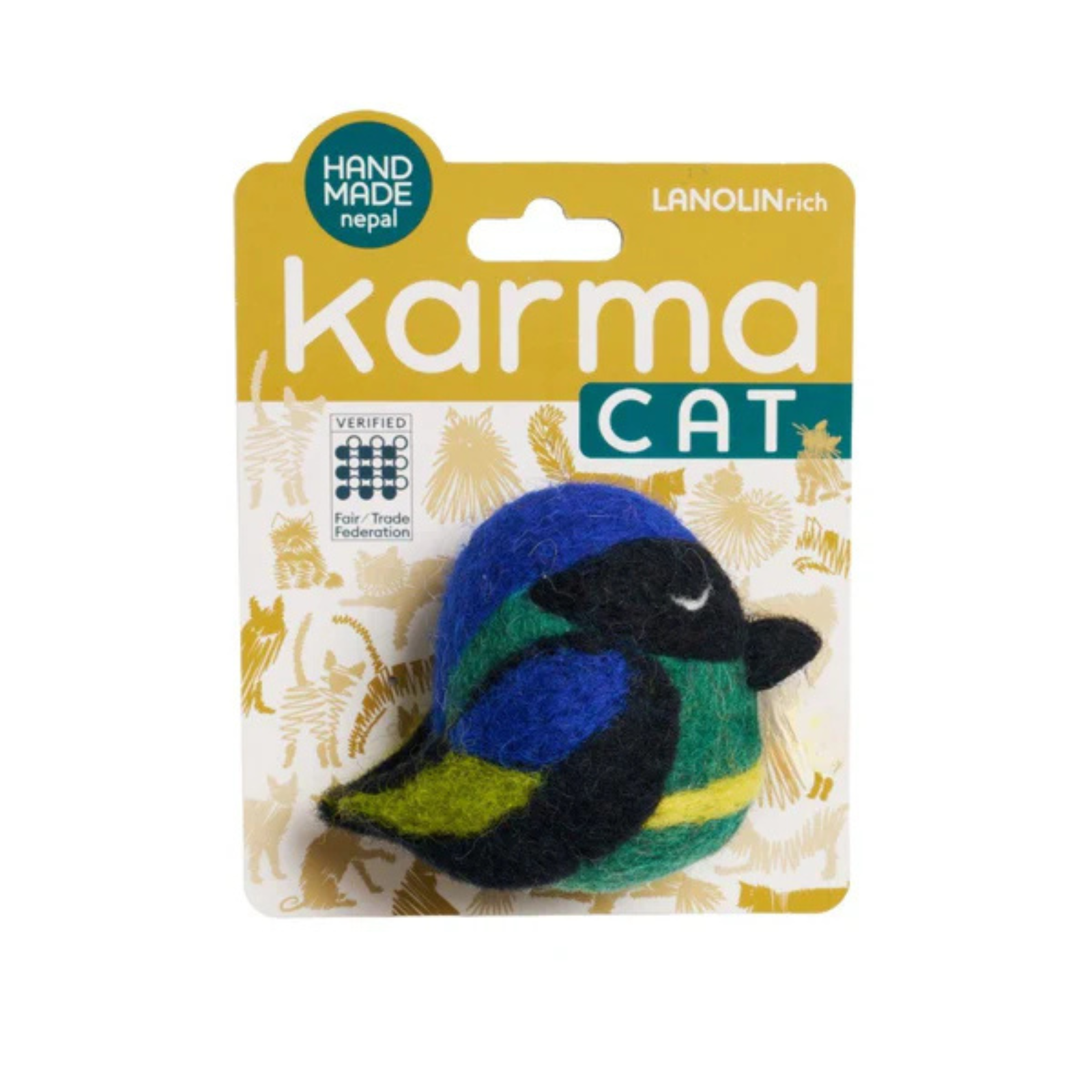 Karma Cat toy packaging with a colorful bird-shaped toy on a white background