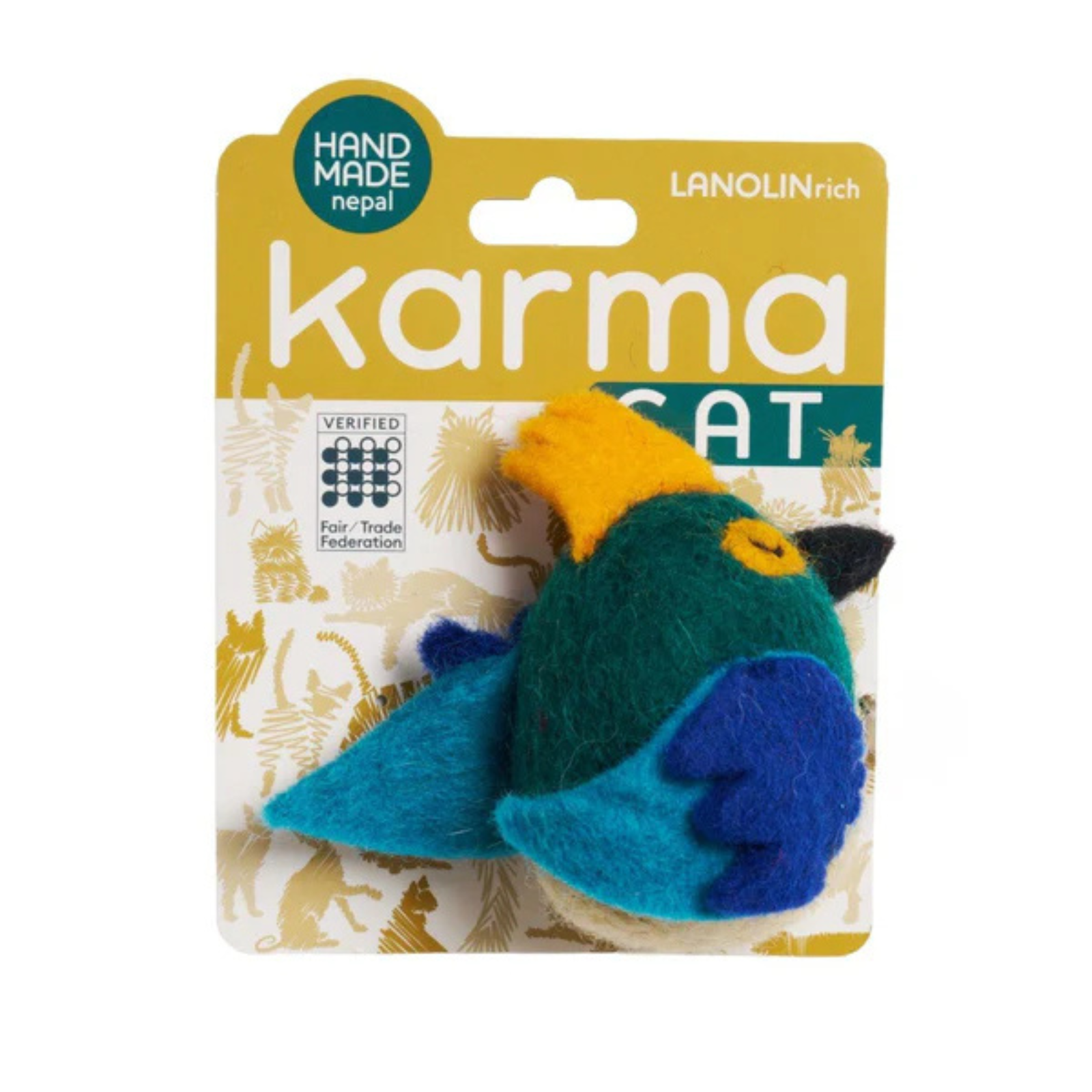 Karma Cat toy packaging with a colorful bird-shaped toy on a white background