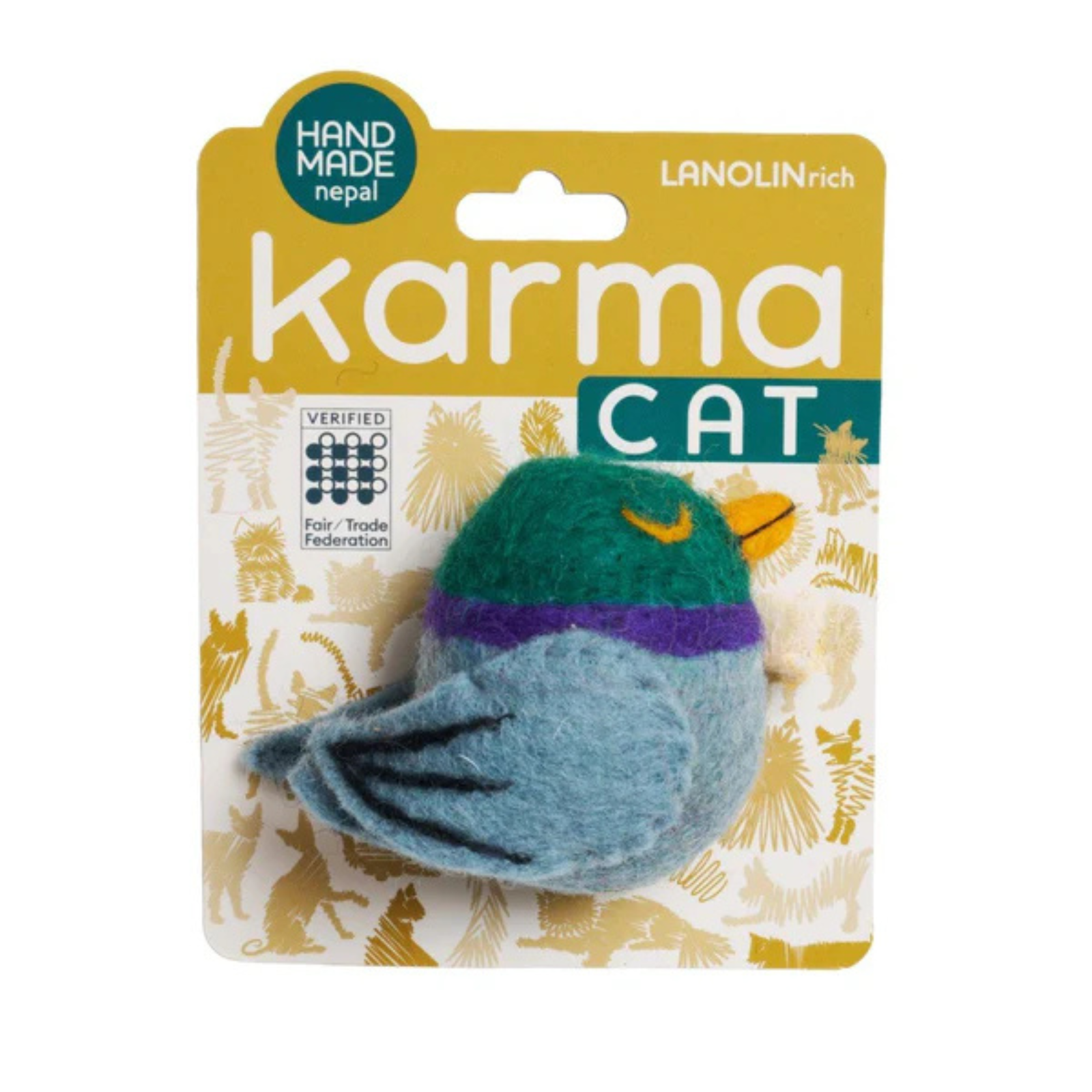 Karma Cat toy packaging with a bird-shaped toy on a white background