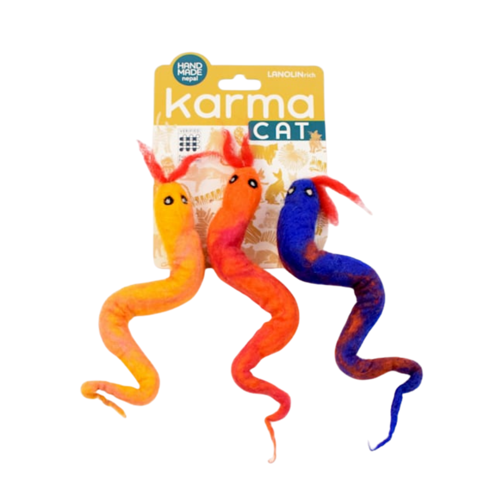 Three soft snake-shaped cat toys with printed faces, shown with their retail backing card. The packaging reads 'karma CAT' and 'HAND MADE in Nepal'