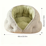 A plush pet bed with a light grey fluffy exterior and a light green ribbed fleece interior, shown with dimension lines indicating a width of 48cm (18.9in) and a height of 45cm (17.72in)