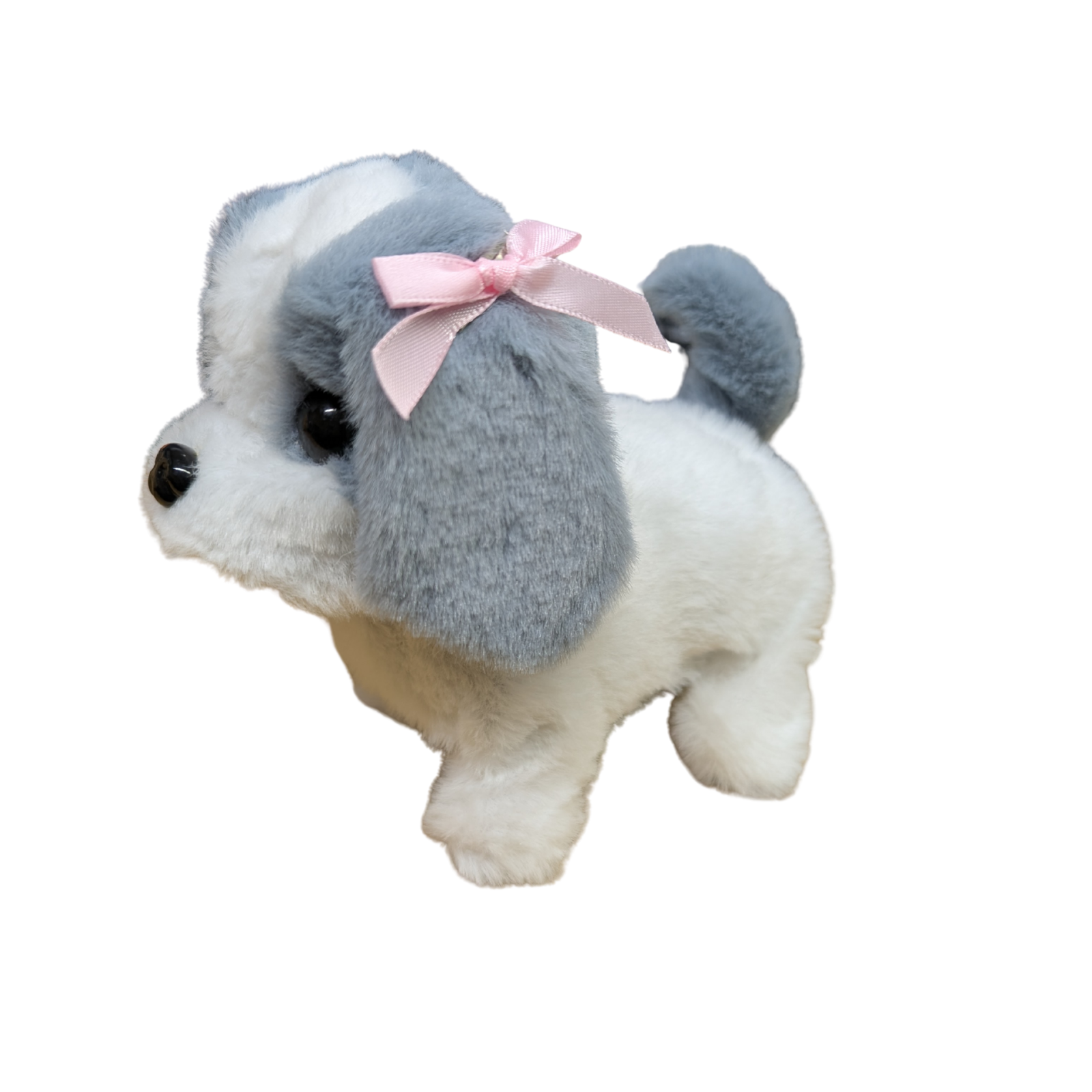 A small plush puppy toy with gray and white fur, black eyes, and a pink ribbon bow on its head, shown on a plain white background.