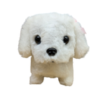 A small white plush dog toy with black eyes and nose, photographed against a plain white background.