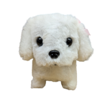 A small white plush dog toy with black eyes and nose, photographed against a plain white background.