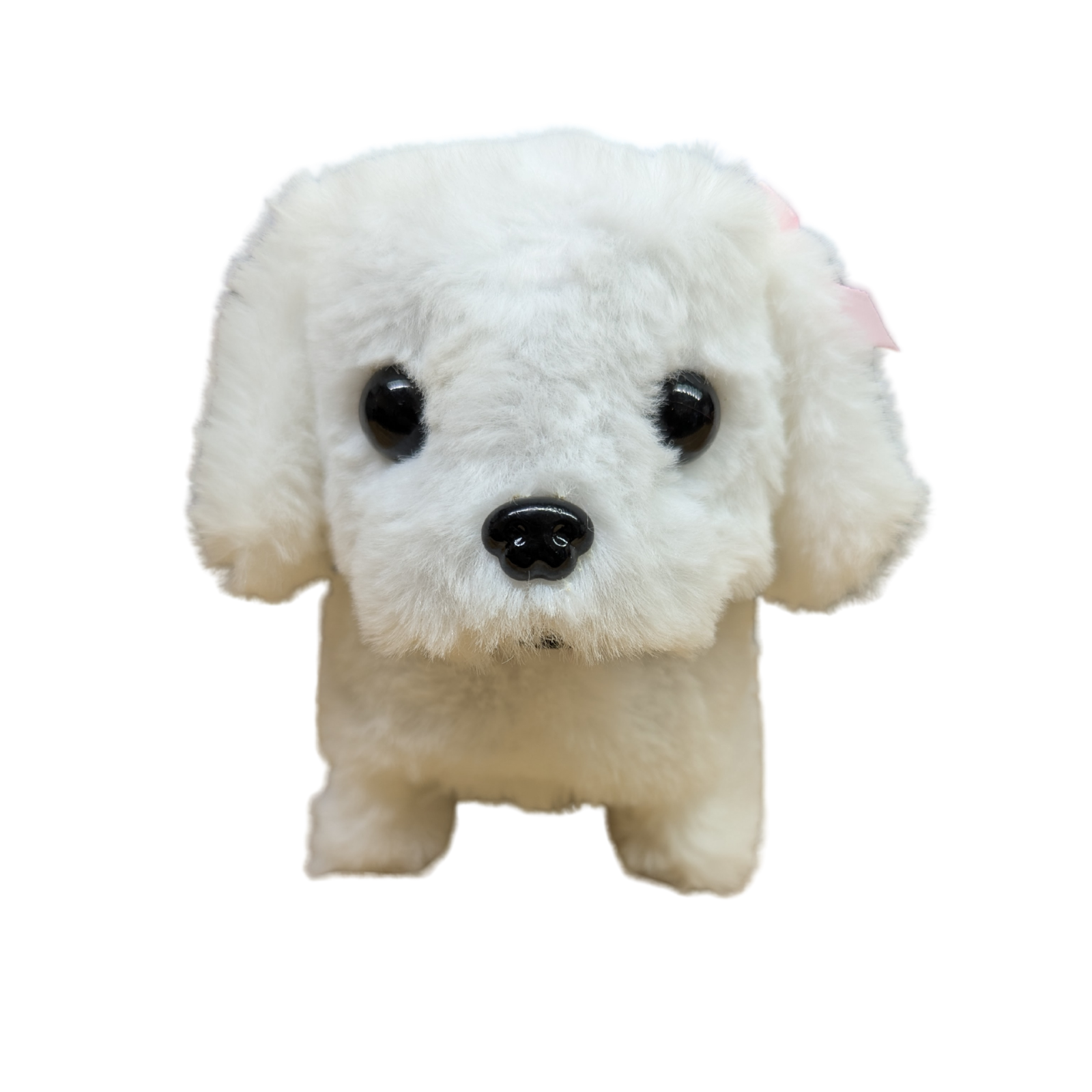A small white plush dog toy with black eyes and nose, photographed against a plain white background.