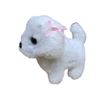 A white plush puppy toy with a pink ribbon bow on its head, set against a plain white background.