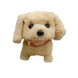 A plush toy dog with light tan fur, large black eyes, a black nose, and a red polka-dot collar, isolated on a white background.