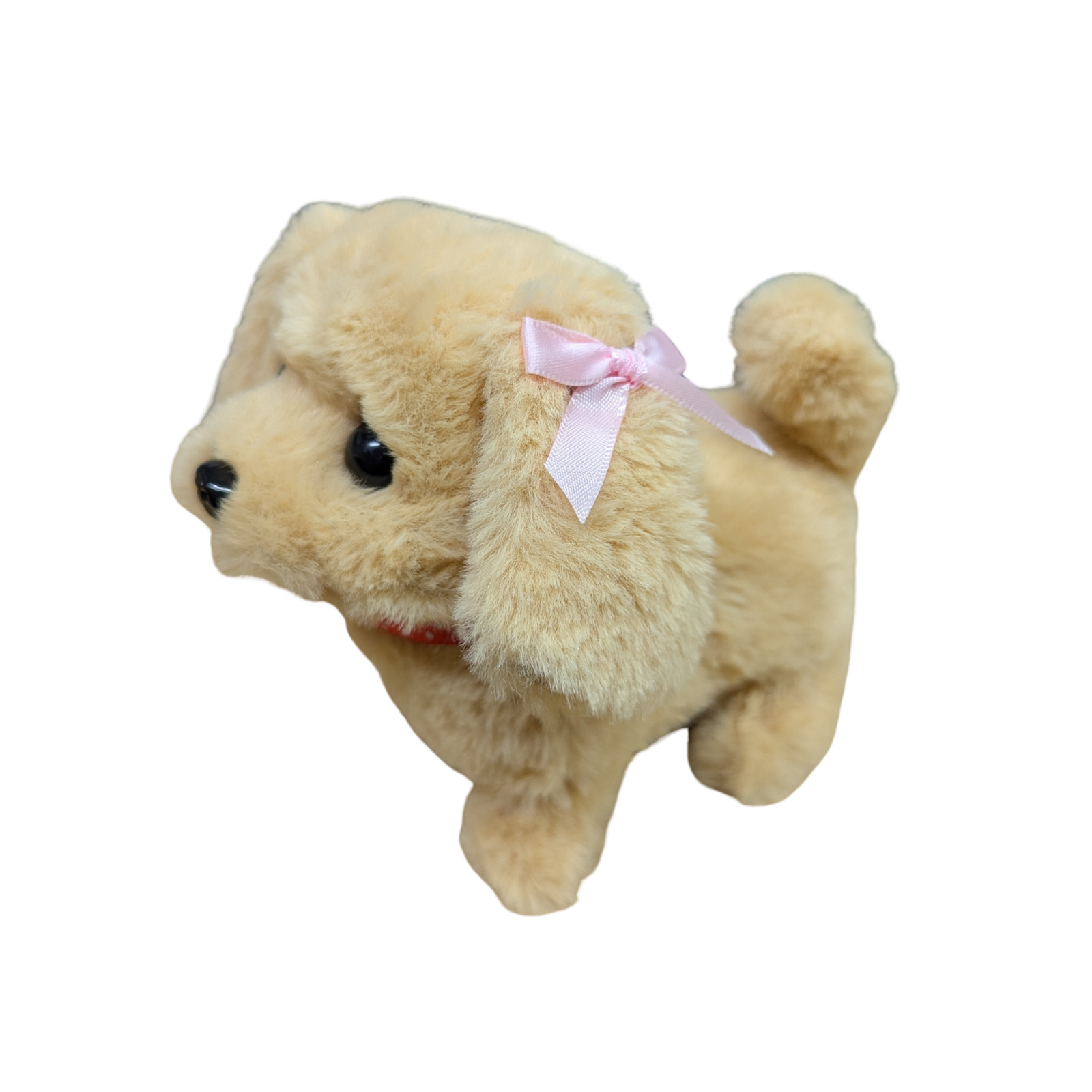 A small beige plush dog toy with floppy ears, black eyes, a pink ribbon bow on its head, and a red collar, shown on a plain white background.