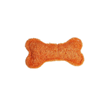 An orange textured dog toy shaped like a bone, shown against a plain white background.