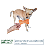 A small tan dog stands on a white background while a human hand holds an orange bone-shaped shredding toy in front of its mouth. The Loofah Dental Shredding Toy logo appears in the lower left, with a safety warning text box at the bottom right.