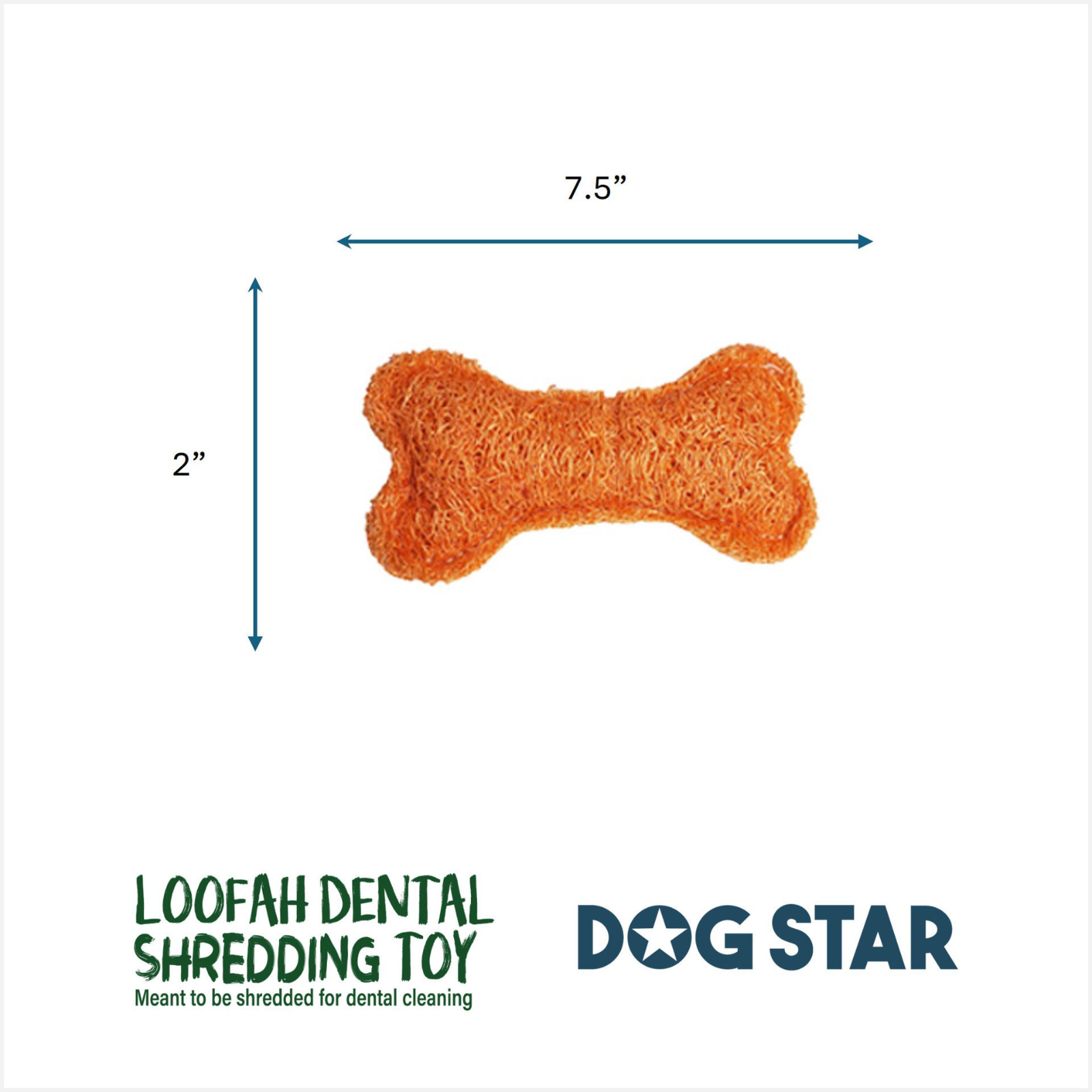 An orange textured dog toy shaped like a bone is shown on a white background with blue dimension arrows indicating 7.5 inches wide and 2 inches tall.