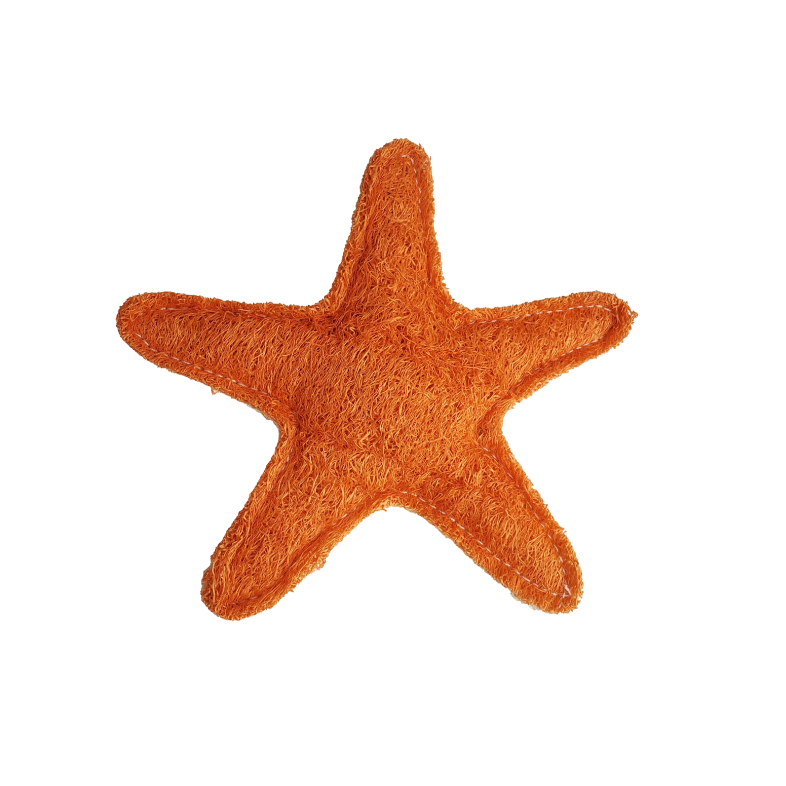 An orange starfish-shaped toy or cushion with a felt-like texture, isolated on a solid white background.