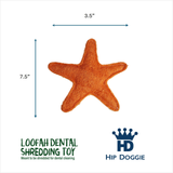 An orange starfish-shaped dental shredding toy shown on a white background with blue dimension arrows indicating 3.5 inches by 7.5 inches