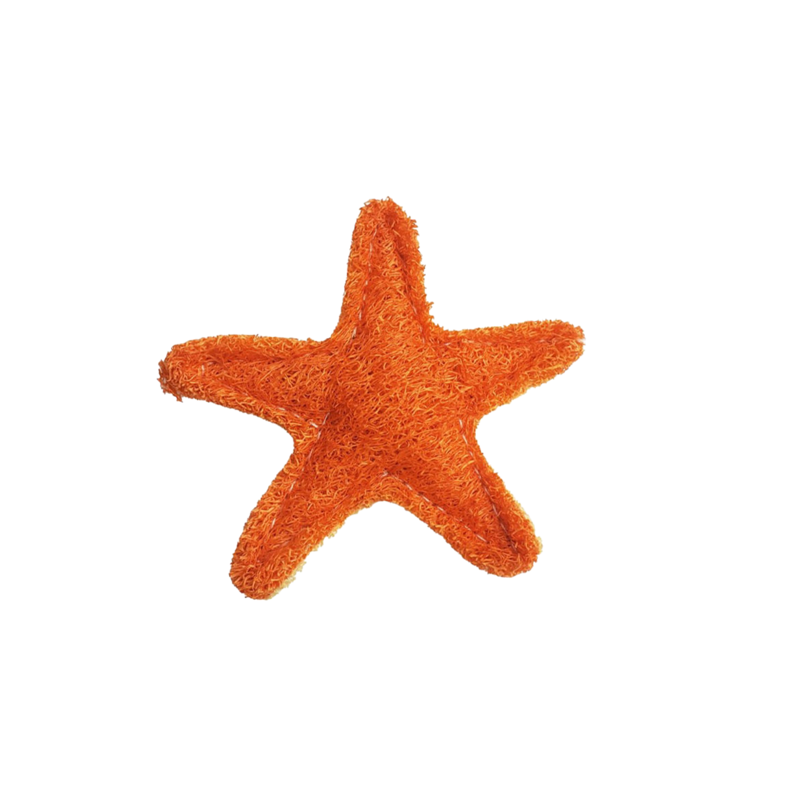 An orange starfish-shaped textured sponge or scrubber, isolated on a solid white background.