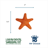 An orange starfish-shaped dental shredding toy shown on a white background with blue dimension arrows indicating 2 inches by 7.5 inches.