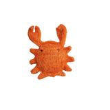 An orange textured crab-shaped plush toy or pet toy on a solid white background.