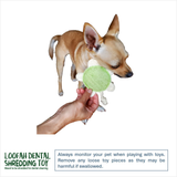 A small tan dog is shown holding a green plush dog toy with white accents, while a human hand offers another view of the toy. The image includes the brand name 'LOOFAH DENTAL SHREDDING TOY' and a warning text box at the bottom.