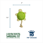 A green and cream felt dog toy with a rope tail, shown on a white background with blue dimension arrows indicating 2 inches wide by 7.5 inches tall.
