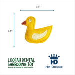 Yellow felt rubber duck dental cleaning toy with dimension markings of 3.5 inches by 7.5 inches