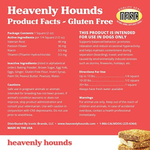 Product facts label for Heavenly Hounds gluten-free dog supplement on a red background