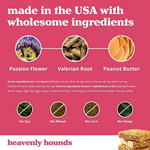 An informational graphic for Heavenly Hounds herbal treats featuring product ingredients: Passion Flower, Valerian Root, and Peanut Butter. The graphic has a pink background with white text and circular ingredient photos.