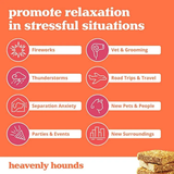 List of stressful situations with corresponding icons and 'heavenly hounds' branding on an orange background.